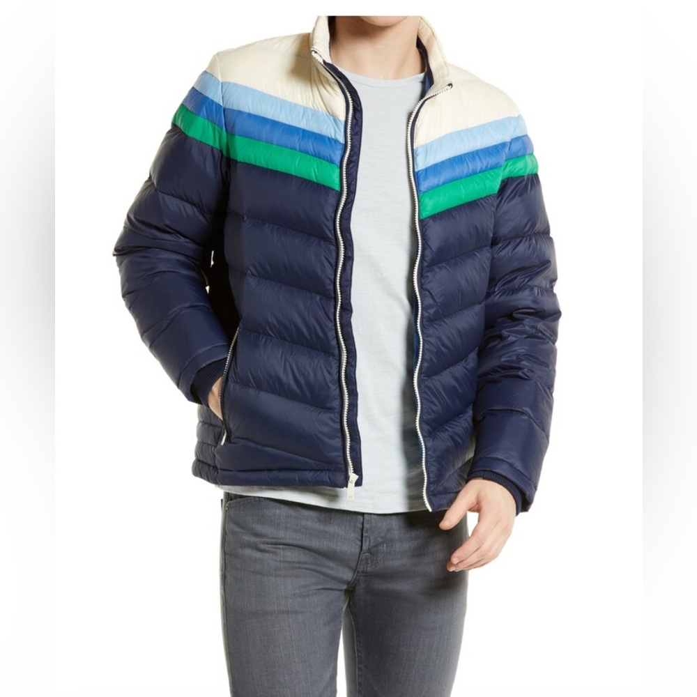 Marine Layer ML x LF Zurich Puffer Coat in White/Navy Colorblock Size Large New